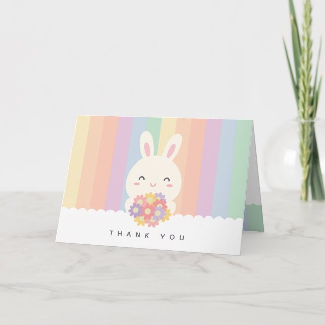 Cute lite Bunny Rabbit med Flowers Rainbow Tack Kort (Framsida)