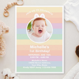Cute Lite Bunny Rainbow Birthday Photo Inbjudningar
