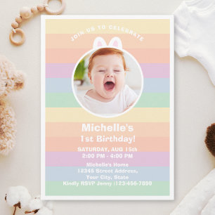 Cute Lite Bunny Rainbow Birthday Photo Inbjudningar