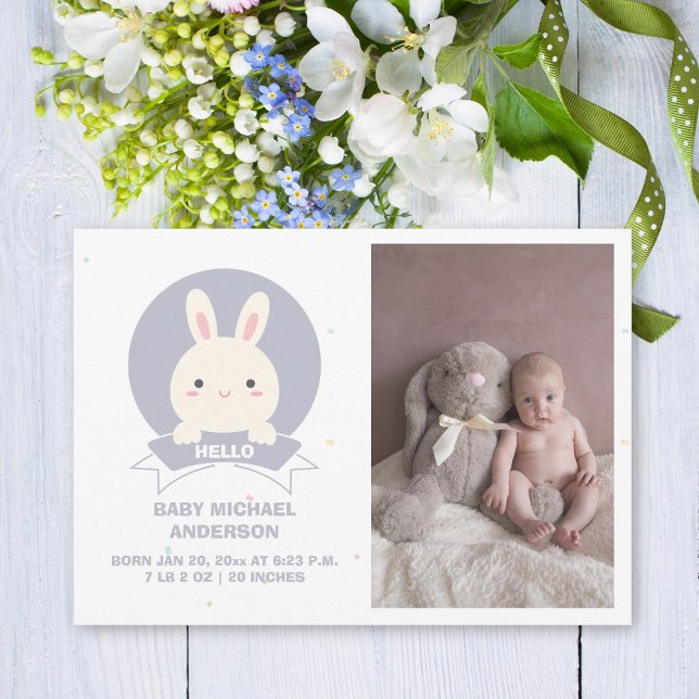 Cute Lite Bunny Simple Elegant Baby Photo Birth Meddelande (Skapare uppladdad)
