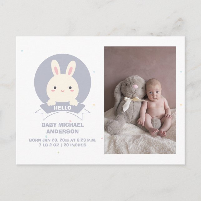 Cute Lite Bunny Simple Elegant Baby Photo Birth Meddelande Vykort (Framsida)