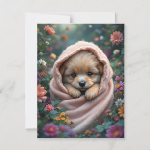 Cute, liten, fluffig valp omgiven av blommor vykort