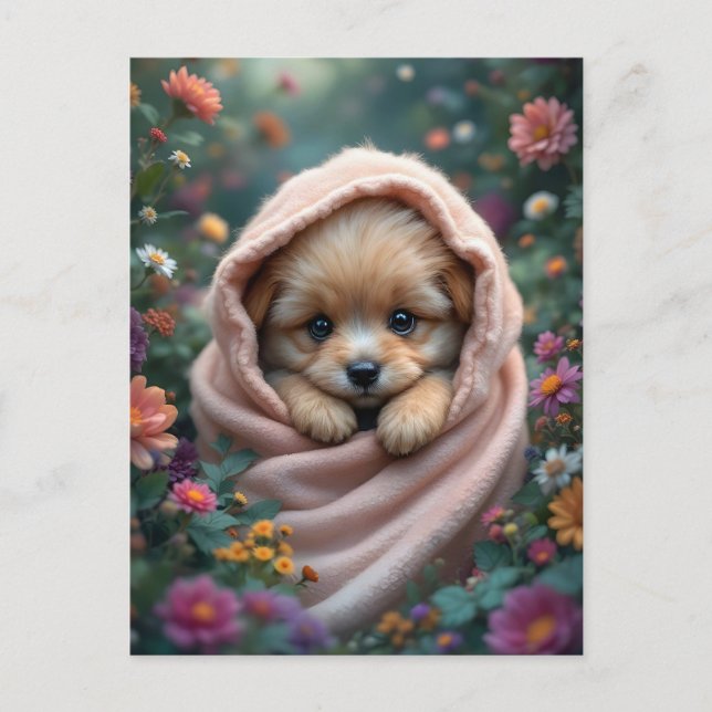 Cute, liten, fluffig valp omgiven av blommor vykort (Framsida)