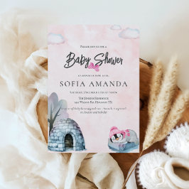 Cute Litle Penguins Watercolor Rosa Baby Shower Inbjudningar