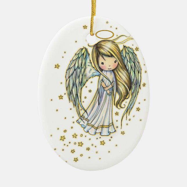Cute Little Angel i Stars Fantasy Art Julgransprydnad Keramik (Framsidan)