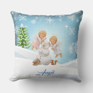 Cute Little Änglar och Snögubbe Dekorativ kudde