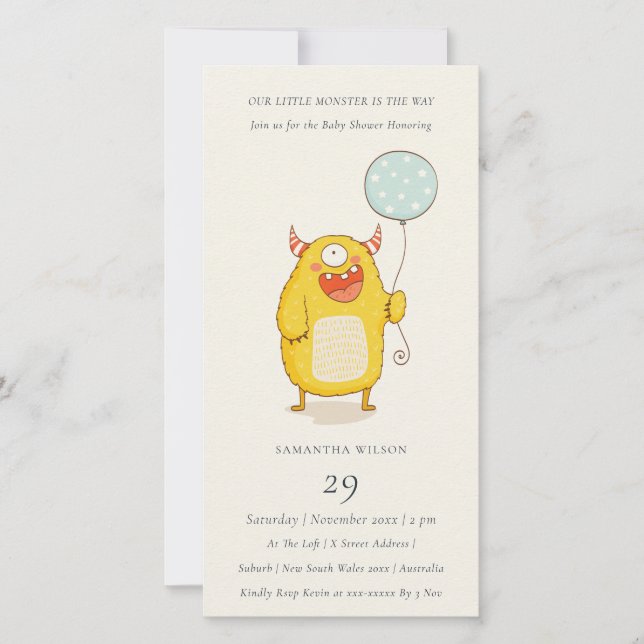 Cute Little Aqua Gult Monster Baby Shower Inbjudan (Framsida)