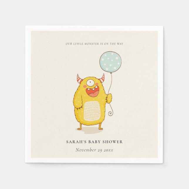 Cute Little Aqua Gult Monster Baby Shower Inbjudan Pappersservett (Framsidan)