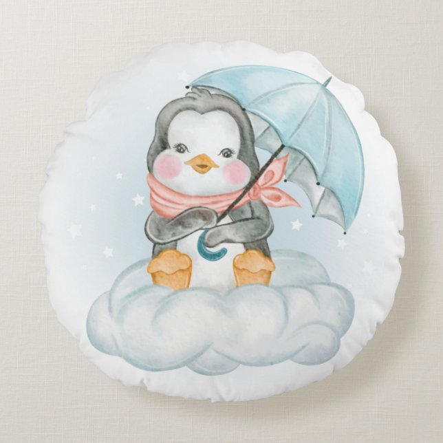 CUTE LITTLE BABY PENGUIN SITTA ON CLOUD RUND KUDDE (Framsidan)