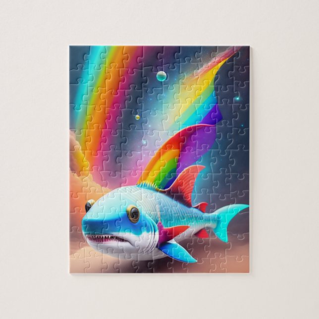 Cute Little Baby Shark with Rainbow Färg Pussel (Vertikal)