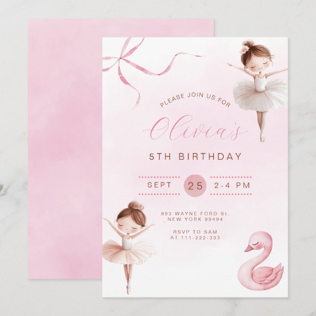 Cute Little Ballerina Girl Birthday Inbjudningar (Fram/baksida)