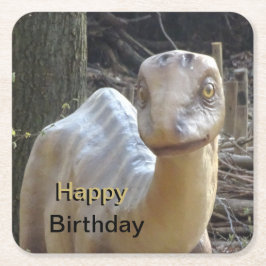 Cute Little Beige Grattis på födelsedagen Dinosaur Underlägg Papper Kvadrat
