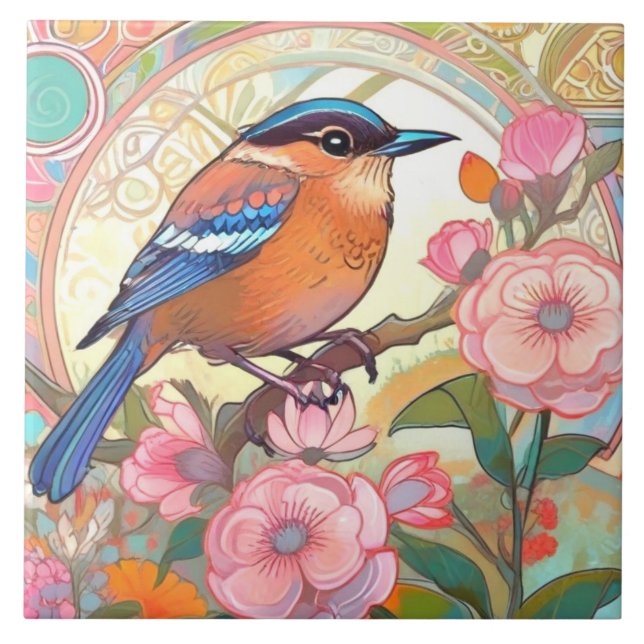Cute Little Bird Art nouveau Deco Inspo Blommigt Kakelplatta (Framsidan)