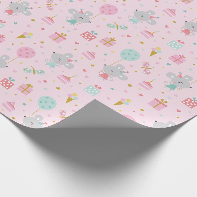 Cute Little Birday Mouse med presenter och tårtRos Presentpapper (Hörn)