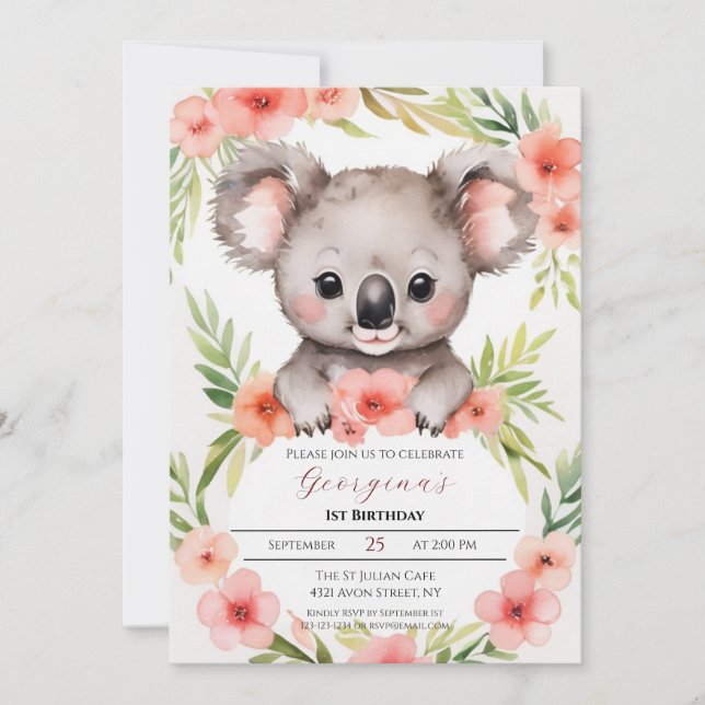 Cute Little Blommigt Koala Girl Birthday Inbjudningar (Framsida)