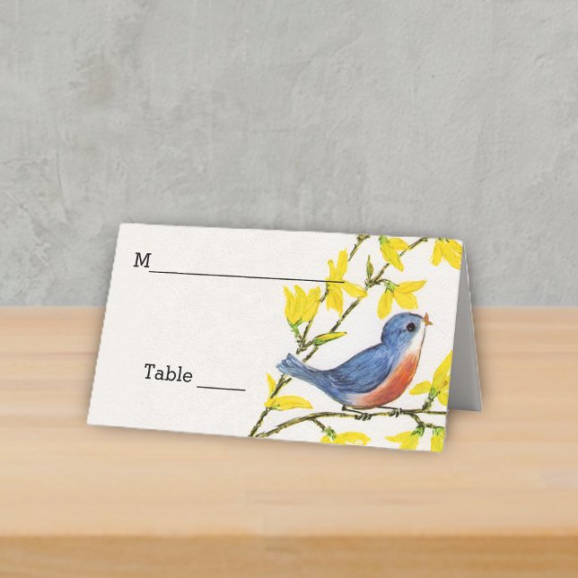 Cute Little Blue Bird på Gren Gula blommor Placeringskort (Little red blue bird singing on branch yellow flowers on white table place card.)