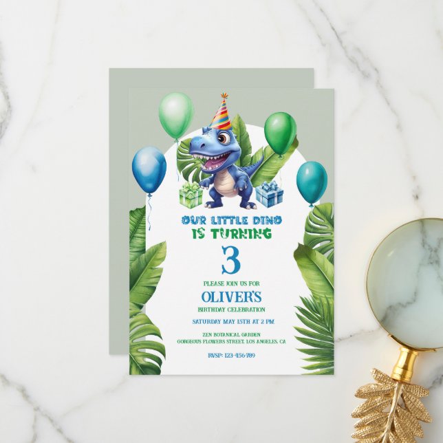Cute Little Blue Birthday Dino Tropical Ram Tack Kort (Fram/Back In Situ)