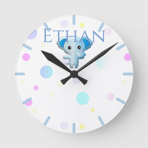 Cute Little Blue Boy Elephant Rund Klocka