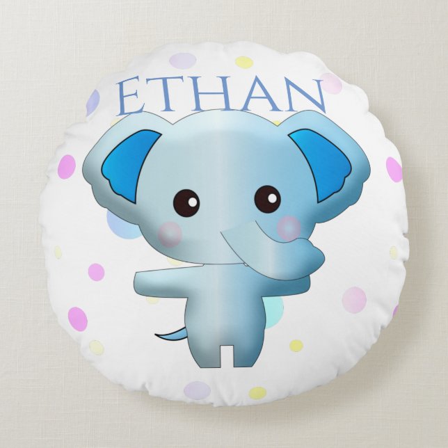 Cute Little Blue Boy Elephant Rund Kudde (Framsidan)