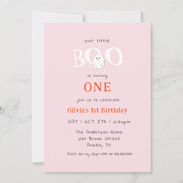 Cute Little Boo Halloween Ghost Girl 1st Birthday Inbjudningar (Framsida)