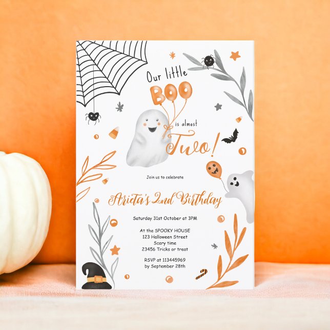 Cute Little Boo Halloween orange 2:a födelsedag Inbjudningar (Cute little Boo Halloween orange 2nd birthday Invitation)