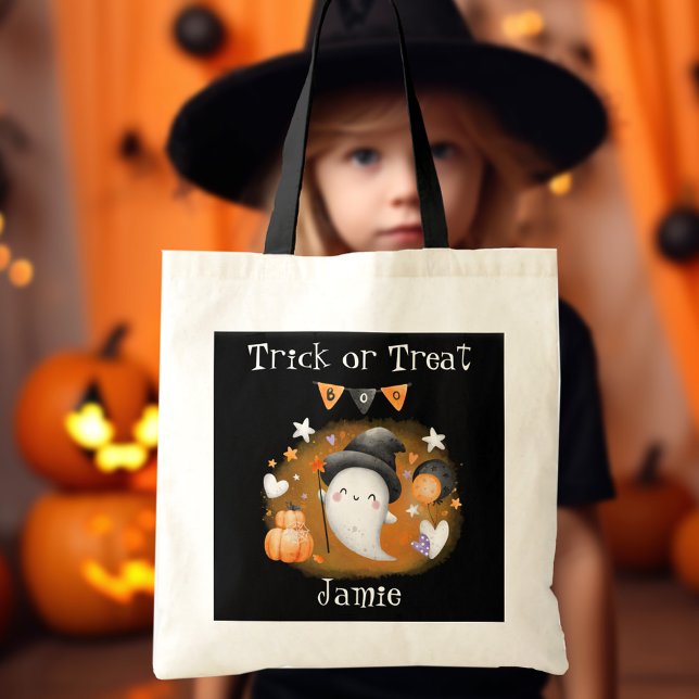 Cute Little Boo Orange Black Candy Halloween Tygkasse (Cute Little Boo Orange Black Candy Halloween Tote Bag)