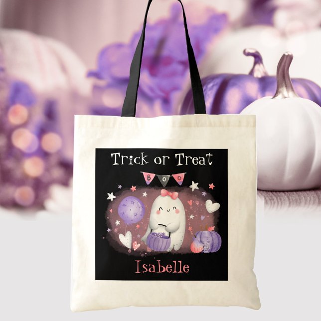 Cute Little Boo Rosa Black Namn Halloween Tygkasse (Cute Little Boo Pink Black Candy Halloween Tote Bag)