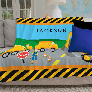 Cute Little Boy Construction Fordon Monogrammed Fleecefilt