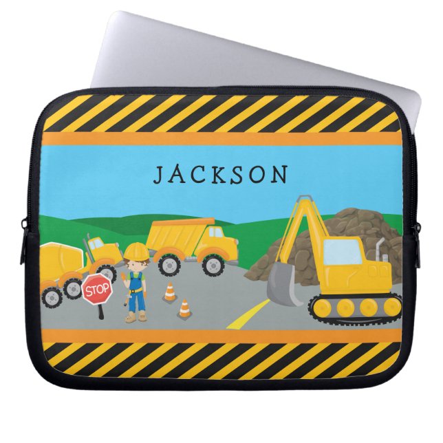 Cute Little Boy Construction Fordon Monogrammed Laptop Fodral (Framsidan)