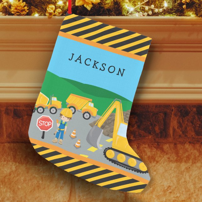 Cute Little Boy Construction Fordon Monogrammed Liten Julstrumpa (Skapare uppladdad)