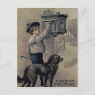 Cute Little Boy Hund Postbox Brev Vykort