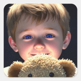 Cute Little Boy med Nalle Fyrkantigt Klistermärke