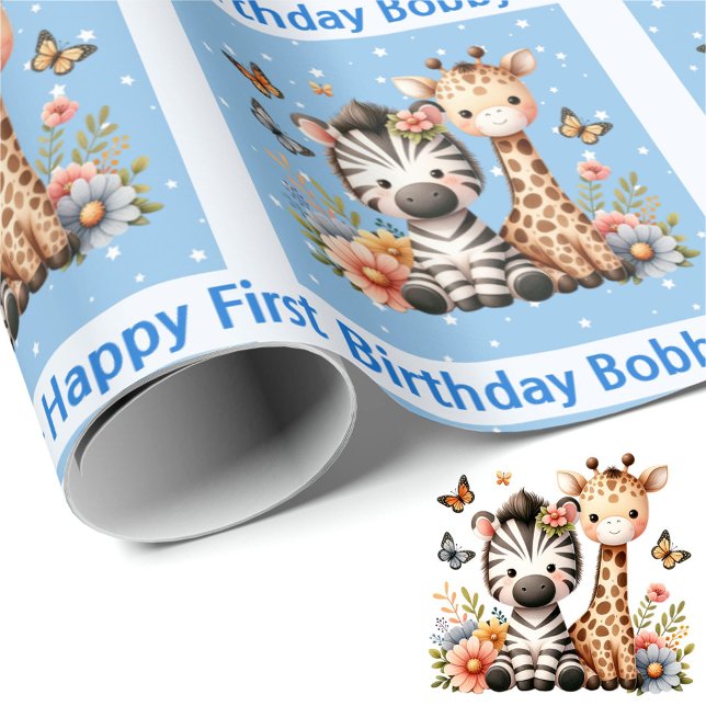 Cute Little Boy's Birthday Add Namn Zoo Animals Presentpapper (Skapare uppladdad)