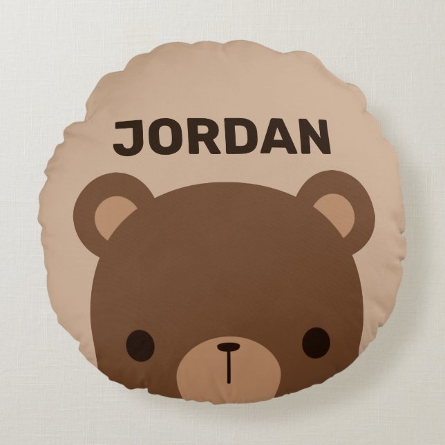 Cute Little Brown Bear med Personlig Namn Rund Kudde (Framsidan)