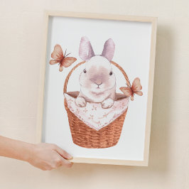 Cute Little Bunny i Basket Woodland Nursery Decor Poster