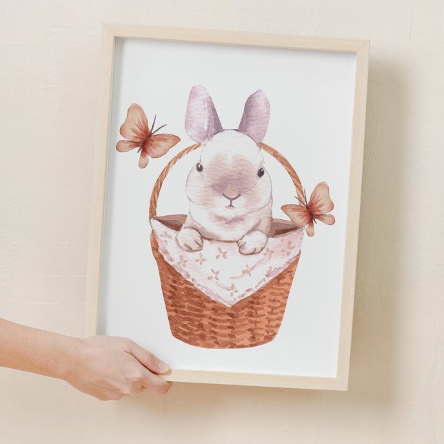 Cute Little Bunny i Basket Woodland Nursery Decor Poster (Cute Little Bunny In Basket Woodland Nursery Decor)
