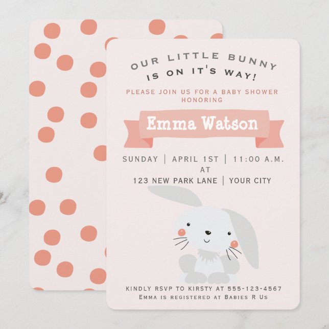 Cute Little Bunny - inbjudan till babydusch (Fram/baksida)