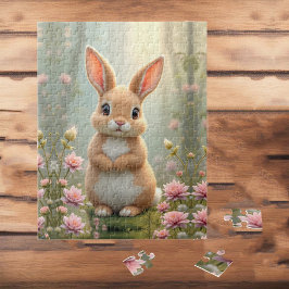 Cute Little bunny omgiven av blommor, barn Pussel