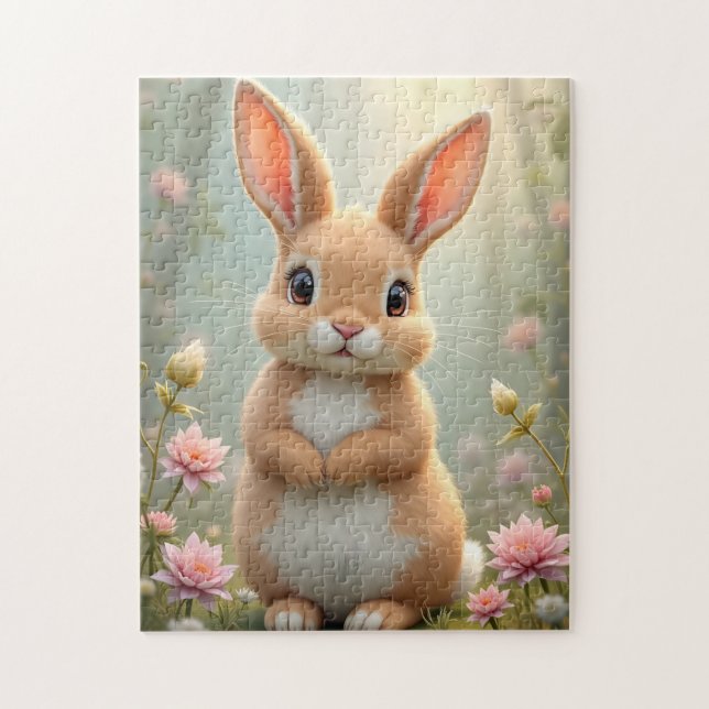 Cute Little bunny omgiven av blommor Pussel (Vertikal)