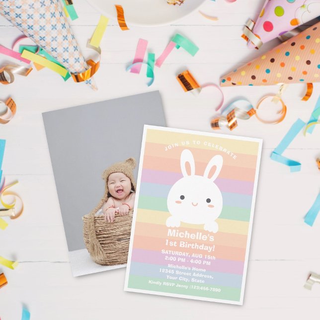 Cute Little Bunny Rainbow Baby 1:a födelsedagsfoto Inbjudningar (Skapare uppladdad)