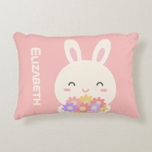 Cute Little Bunny Tecknad & Flowers for Girls Rosa Prydnadskudde