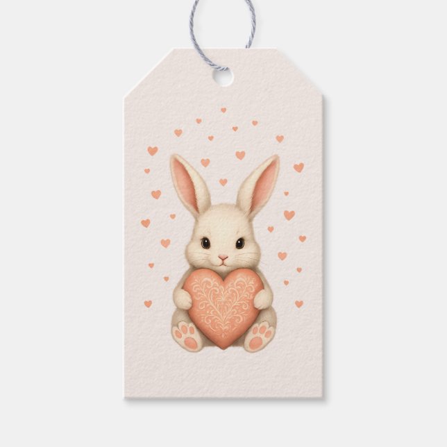 Cute Little Bunny with Heart on Soft Blush Presentetikett (Framsidan)