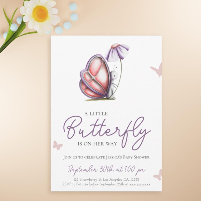 Cute Little Butterfly Lila Girl Baby Shower Inbjudningar (Cute butterfly baby shower invitation)