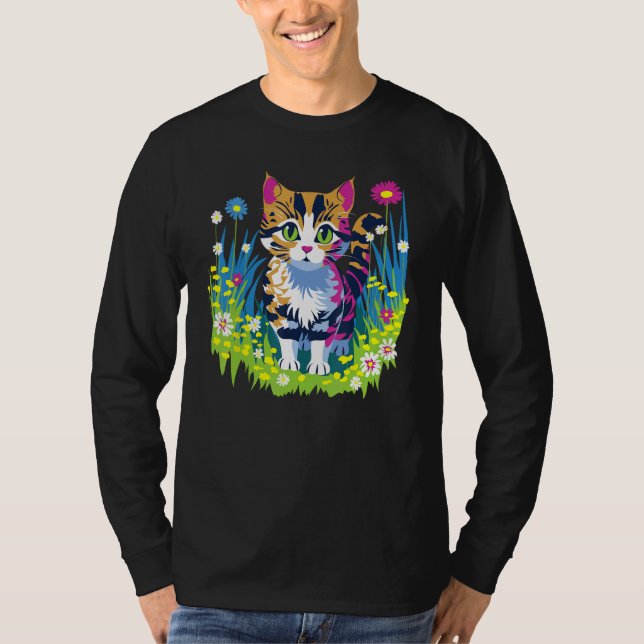 Cute Little Cat Animal and Flowers T Shirt (Framsida)