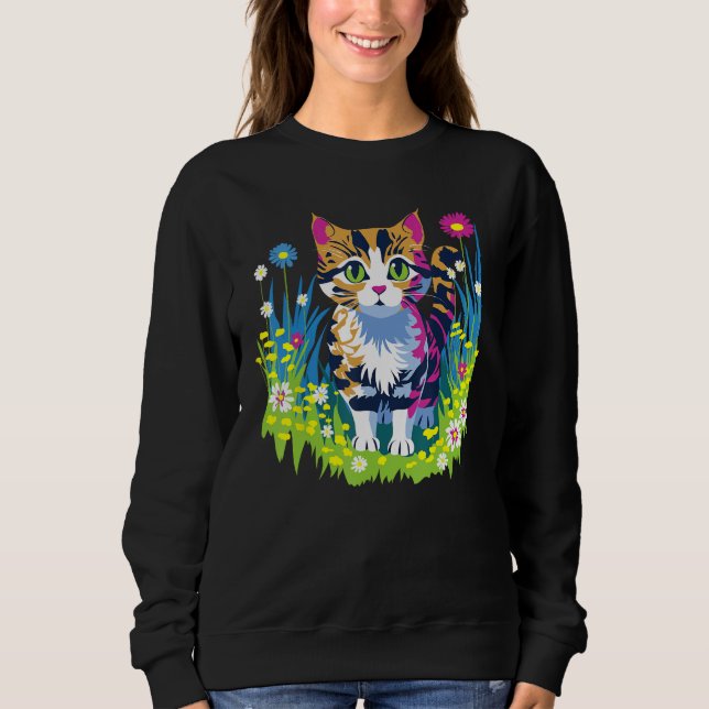 Cute Little Cat Animal and Flowers T Shirt (Framsida)