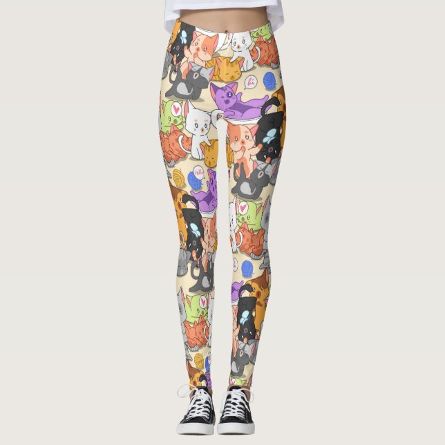 Cute Little Cats Mönster Leggings (Framsida)