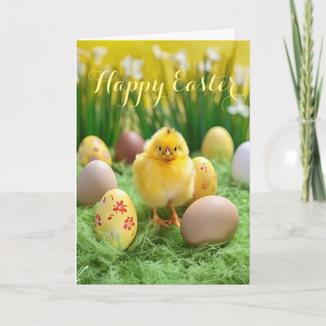 Cute Little Chick and Eggs Påsk Helgdag Card Helgkort (Framsida)