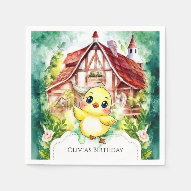 Cute Little Chick Watercolor Birthday Pappersservett (Framsidan)