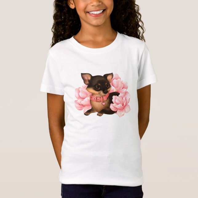 Cute Little chihuahua hund med rosa blommor T Shirt (Framsida)