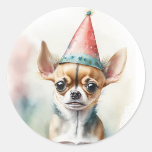 Cute Little Chihuahua med Birthday Hat Runt Klistermärke